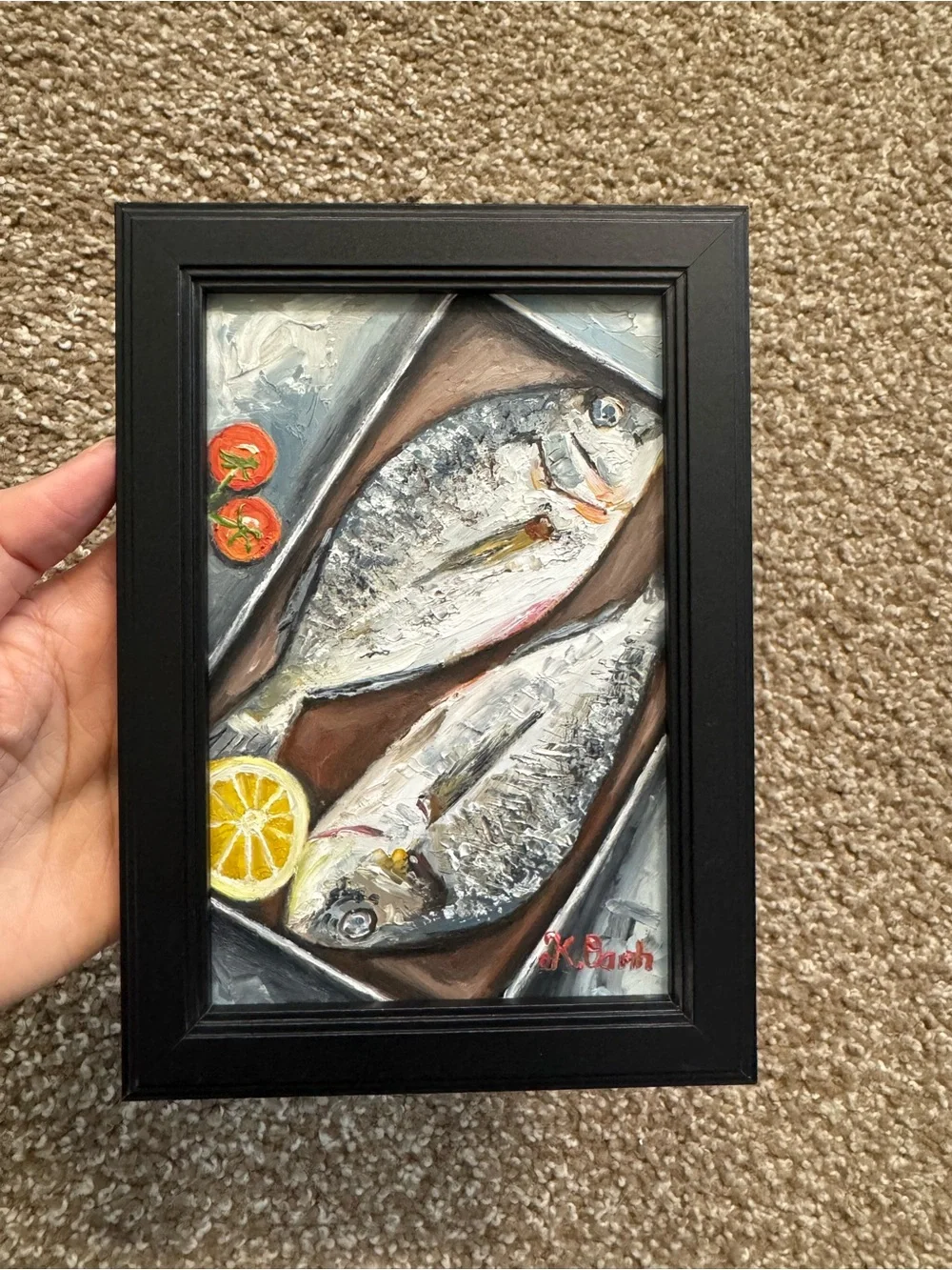 Original oil painting Hand-Painted fishes signed framed 4x6 inches